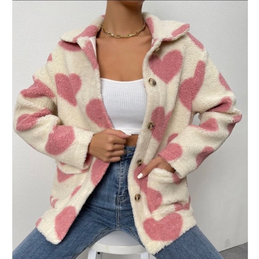 Teddy coat Sherpa jacket heart cream pink fuzzy warm collar winter - Picture 8 of 8